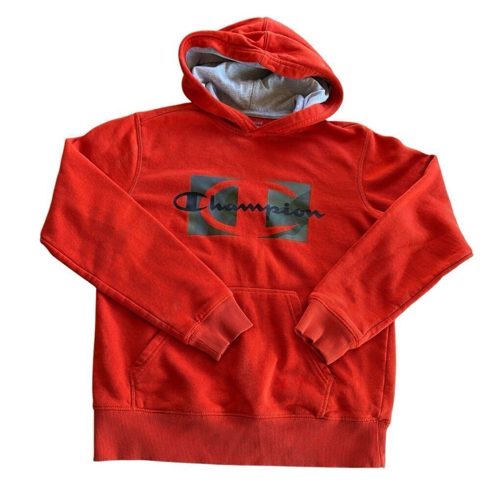 Boys Champion Logo Orange Red Distressed Casual Athletic Sweatshirt Hoodie Sz L